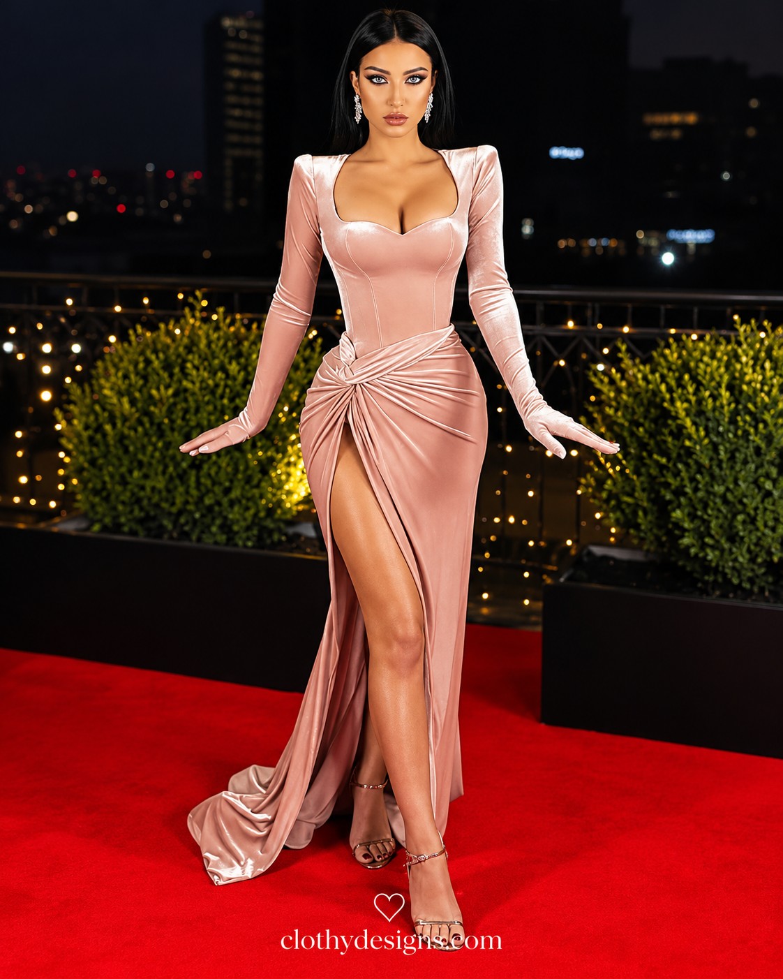 Women's Elegant Velvet Maxi Dress – Ruched Evening Gown with Slit, Long Sleeves & Glamorous Club Style